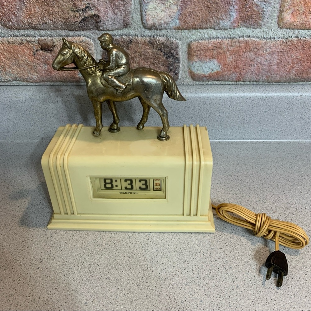 Vtg 1951 Tele-Vision Early Flip Roll Number Clock With Jockey/Horse Pinup MCM
